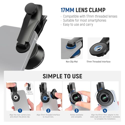 NEEWER 18mm 100° Wide Angle Lens 0.5X Magnification with 17mm Thread Phone Lens Clip & 67mm Filter Adapter Ring, Also for Phone Cage/Phone Case/Phone Clamp/Backplate, LS-42 PRO