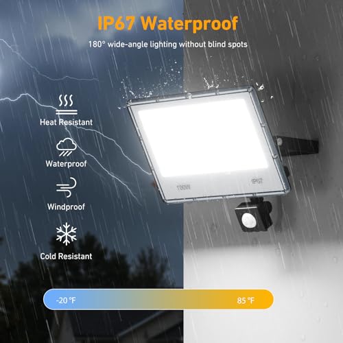 LED Spotlight with Motion Sensor – 2 Pieces 100W 10000LM 6 in 1 Outdoor Light with Motion Sensor, IP67 Waterproof White 7000K Outdoor LED Floodlight for Garden, Patio, Garage and Street