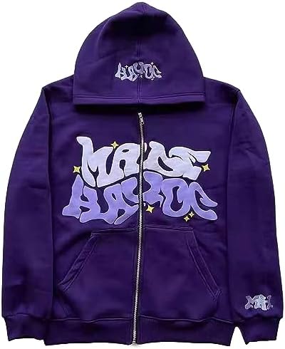 grhaat Y2k Puff Letter Print Zip Up Hoodie Star Sweater Casual