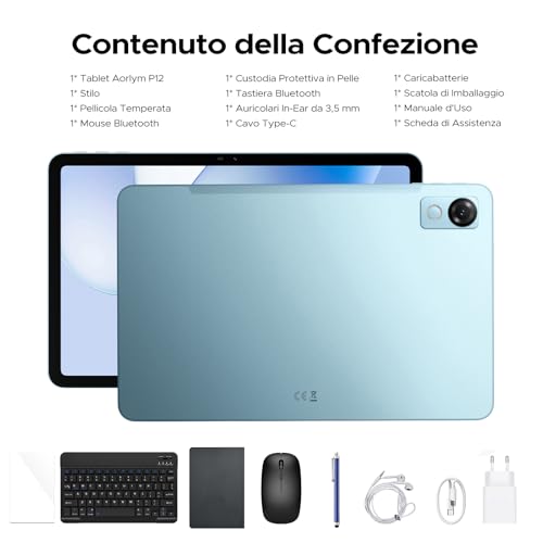 Luzglo P12 Android 16 Tablet 12 Pollici, T7280 Octa-Core, 48GB RAM+128GB ROM/2TB TF, IPS 2.4K Display 120 Hz, 10000 mAh,WiFi5, 8MP+13MP,Gemini AI, Tablet con Tastiera, Face ID/GPS/OTG/FM, Blu
