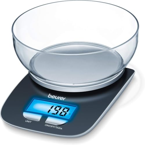 KS 25 Balanza de cocina con bol transparente, función auto-tara, 3 kg/1 gr, pantalla LCD azul (6.6 x 2.8 cm), altura pantalla 2.2 cm, color negro plata