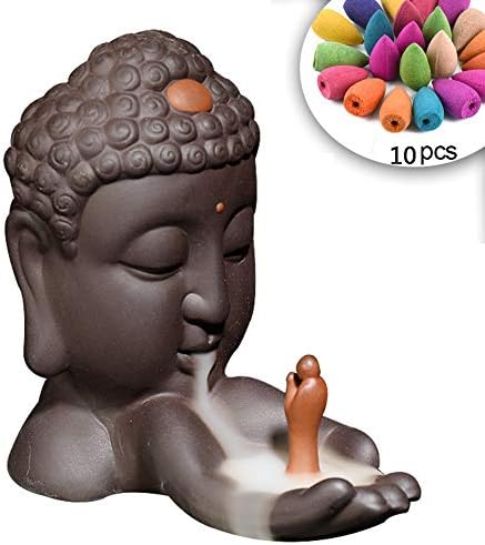 PINGTANG Ceramic Waterfall Backflow Incense Holder, Buddha Head Backflow Incense Burner with 10pcs Backflow Incense Cones, Home Decor