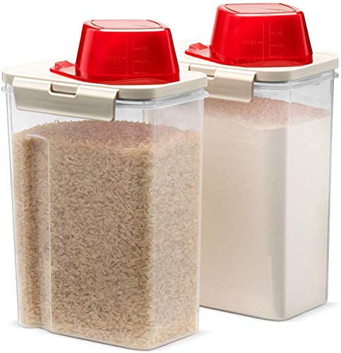Komax Fresh Grain Set of 2 Rice Containers | 2-Quart Dry Food Storage Dispenser | Suitable for Rice, Pet Food & Grain Storage | With Lid & Measuring Scoop (1-cup) | BPA-Free & Dishwasher Safe
