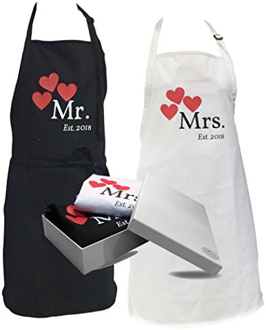 Mr and Mrs 2018 Apron Couples Gift - Wedding Kitchen Cooking Set - Gift Box Included - His and Hers Engagement Gift Set