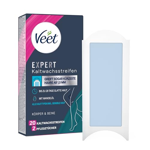 Veet Expert - Strisce di cera fredda per corpo e gambe – Strisce di cera per la depilazione per tutti i tipi di pelle, con pelle sensibile, 10 strisce doppie = 20 strisce