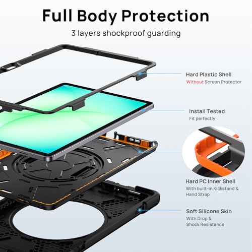 Gerutek Anti-Drop Case for Samsung Galaxy Tab A11 Plus 11" 2025, (SM-X230/X235/X236B), Rugged Case with Rotating Stand, Hand/Shoulder Strap, Pen, Galaxy Tab A11+ Plus Case, Black