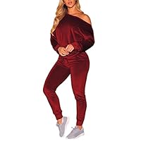 VamJump Women Burgundy Velvet Off Shoulder Long Sleeve Sweat Suits Tracksuit, Medium