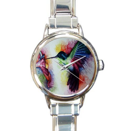 Novelty Gift Beautiful Watercolor Hummingbird with Flowers Round Italian Charm stainless steel Watch