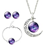Girls Magical Solar System Helix Nebular Arch Moon Pendant Necklace Crystal Earrings Bracelet Set