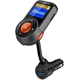 New Bluetooth FM Transmitter, Kinbom Auto-Scan FM Wireless Radio Adapter Receiver with 1.4 Display, Bluetooth 4.2, QC3.0/2.4A Dual Fast USB Charger SD Card Support Hands-Free Calling Car Kit (Orange)