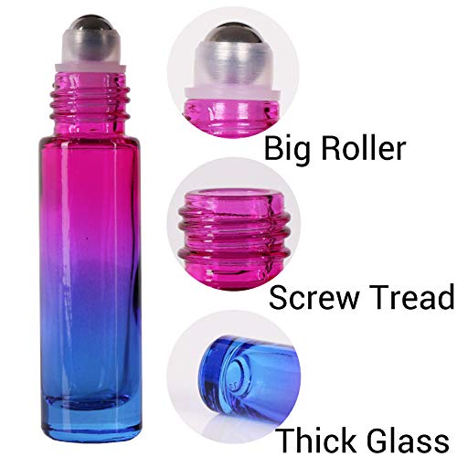 INICE 12 10ml THICK Glass Roller Bottles Roll on Bottle Big Stainless Ball Gradient Color for Essential Oils (3 Dropper, 1 Funnel, 1 Extra Roller Ball, 1 Bottle Opener, 12 Labels) - Thumbnail 3