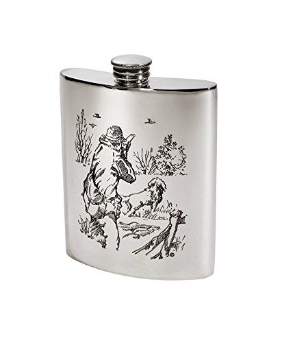 Wentworth Pewter- Shooting Pewter Kidney Flask,Hip Flask, Spirit Flask, 6oz Capacity, Hunting Scene
