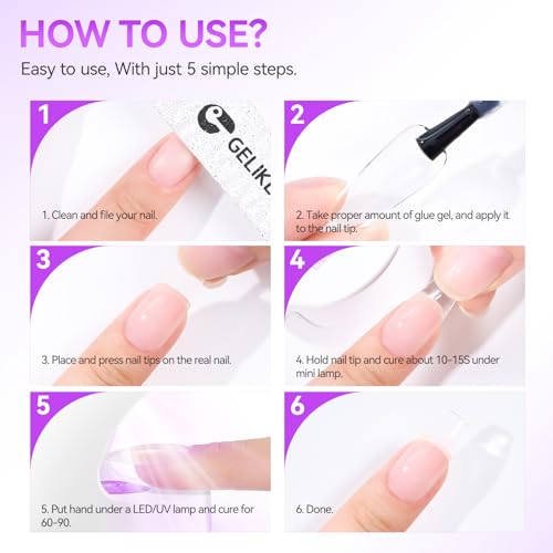 Gelike Ec Gel Nail Glue - 6 in 1 UV Nails Glue Base Coat Strong Adhesive for False Nails Acrylic Tips Press On Nails