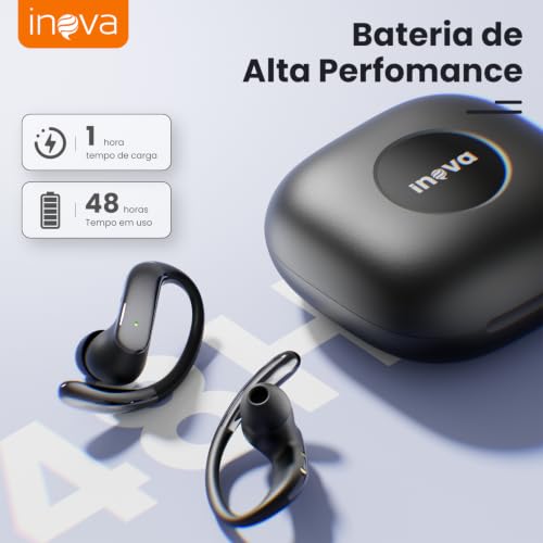 Fone de Ouvido Sem Fio, INAVA, Fone de Ouvido Esportivos Bluetooth 5.4, 48 Horas, com Indicador LED de Bateria, Prova d'água IPX7, Adequados para Exercícios Físicos e Corrida​ - Preto