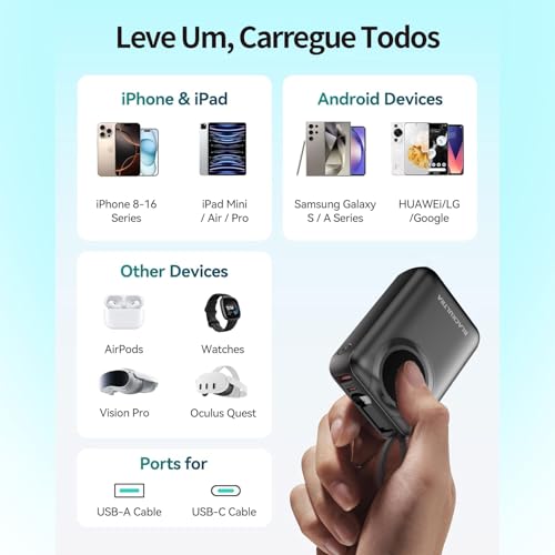 Power Bank Portátil 20000mAh com Display LED, Carregamento Rápido 22.5W PD 3.0 QC 3.0, USB-C Leve Compatível com iPhone 16/15/14/13/12/11, Samsung, Android – Preto