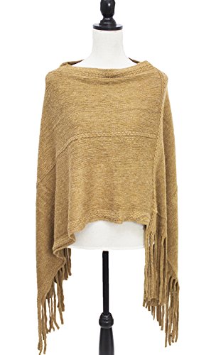 StylesILove Women Trendy Brushed Soft Knit Poncho with Fringe Trim Chic Shawl (Camel)
