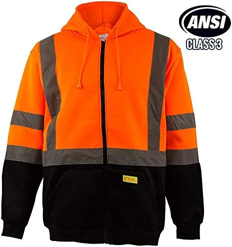 Troy Safety H9011 Men's ANSI Class 3 High Visibility Class 3 Sweatshirt, Knit Lining Full Zip Hooded, Black Bottom (5XL, Orange)