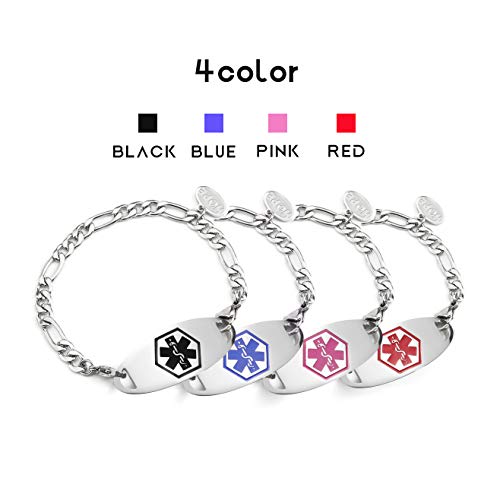 BBX JEWELRY Medical Alert ID Bracelets Stainless Steel Waterproof Figaro Chain with Black Medical ID tag for Women