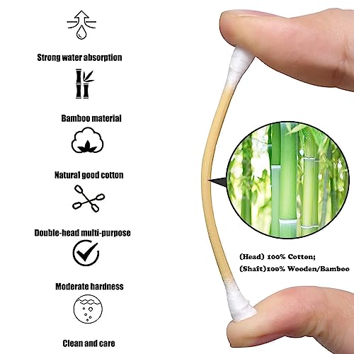 MOCUI Bamboo Cotton Swabs Double-Tipped Round Thick Tips | 100% Cotton Biodegradable & Organic Unbleached Natural | Q-tips Safety Swabs | Wooden Cotton Buds For Ears Makeup or Nails 500 Count
