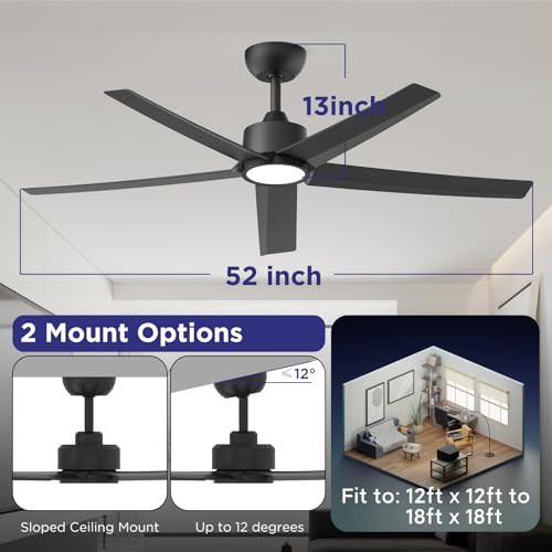 ocioc - Ventiladores de techo de 52 pulgadas con luces, paquete de 2 ventiladores de techo negro con luz y control remoto, 3CCT, motor de CC silencioso, ventilador de techo moderno de 5 aspas para