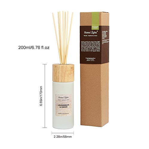 Home Lights Reed Diffuser Gift Set, Wooden Lid, Natural Scented Long Lasting Lemongrass Ginger Fragrance Oil for Home Office Gift Idea, Aromatherapy Air Freshener and Stress Relief, 200ml/6.76 fl.oz