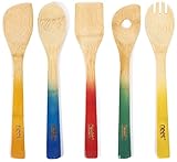 Colorful Bamboo Cooking Utensils - Wooden Spoon & Spatula | 5 Piece Utensil Set | Non Stick Wooden Spoons Tools Gadgets For Kitchen Unique Gift Idea