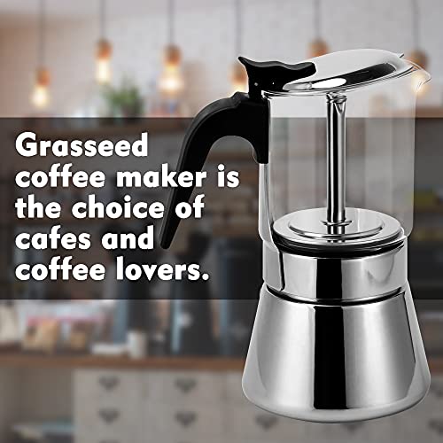 Grasseed Luxurious Crystal Glass & Stainless Steel Moka Pot, Stovetop Espresso Maker for