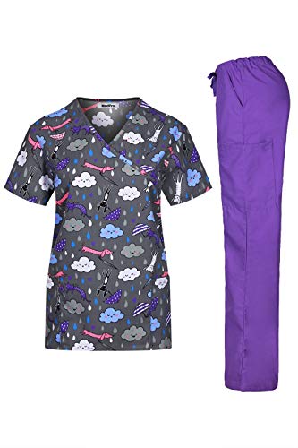 MedPro Women's Printed Medical Scrub Set Mock Wrap Top and Pants Dark Grey M