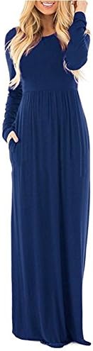 DAYSOFT Women O Neck Long Sleeve Empire Waist Plain Fit and Flare Casual Maxi Long Cotton Dresses With Pockets (M, Blue)