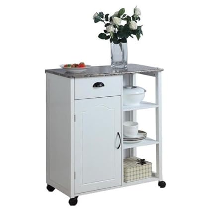 White Kitchen Island Storage Cart On Wheels With Granite Look Top