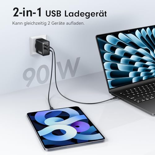 90W USB C Ladegerät, 2-Pack 2 Port Schnellladegerät mit Kabel, GaN PD Charger für iPhone 17/16/15 Series, MacBook Pro, iPad, Galaxy, Pixel und mehr