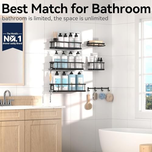 Beauenty Shower Caddy,100% Rustproof Bathroom Decor Shelves with Hooks And Soap Holder,No Drill Bathroom Organizers and Storage,6-Pack Large Capacity Shower Shelves for Bathroom,Toilet,Kitchen(Black)