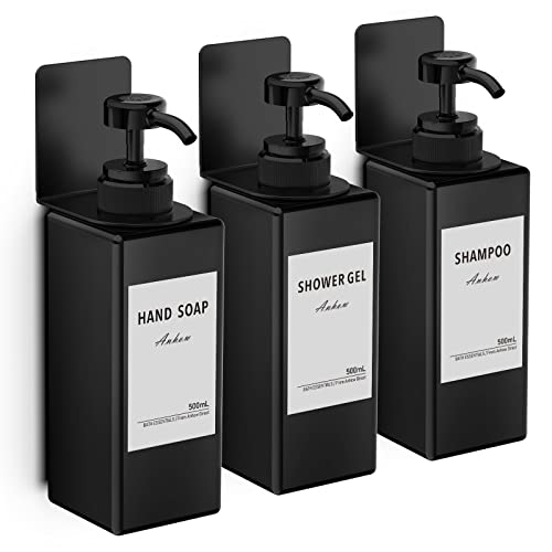 Anhow 3 Pieces Bath Soap Dispenser, 500 ml Wall Mounted Shower Dispenser Set Without Drilling Shampoo and Body Wash Dispenser with Label for Bathroom Shower Kitchen – Black