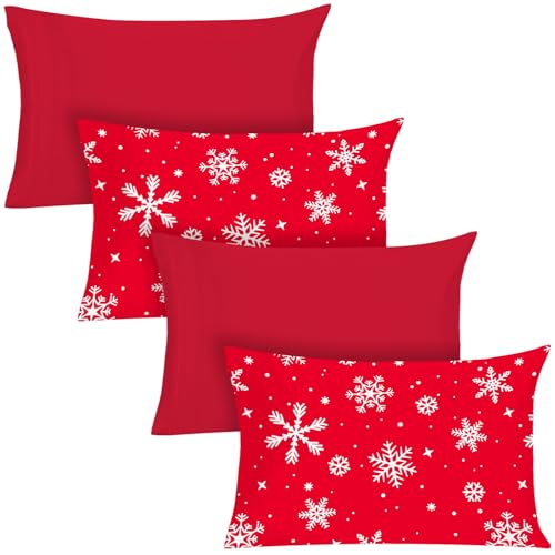 YIYEA Christmas Pillow Cases Queen Size Set of 4, Ultra Soft Double Brushed Microfiber Red Pillowcases and Christmas Snowflake Pillow Covers, Envelope Closure, Fade Resistant (20"x30")