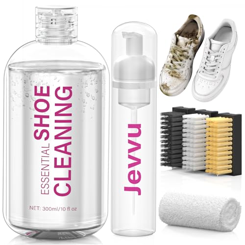 Jevvu Shoe Cleaning Kit, 10fl oz Shoe Cleaner with Towel and 3 Shoe Brushes, White Sneaker Cleaner kit for Most Material, Leather, Boot, Tennis, Knit, etc