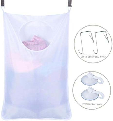 Uniuooi Door-Hanging Laundry Hamper Bag White, Foldable & Space Saving Corner Laundry Organiser with 2PCS Stainless Steel Door Hooks 2PCS Suction Hooks