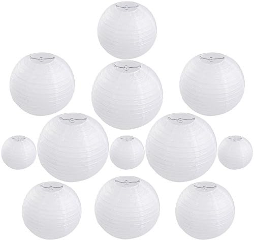 White Round Paper Lanterns 10 Packs. 4, 6, 8, 10 and 12 Inches, 2 of Each Size PLUS 12 White LED Party Lights for Paper Lantern