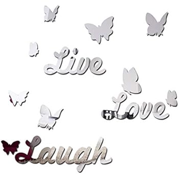ZeoJard 3D Acrylic Wall Sticker Live Love Laugh Butterfly Mirror DIY Wall Sticker Removable Decal Acylic Crystal Vinyl Mirror Surface Art Wall Decoration for Bedroom Living Room Home Decor