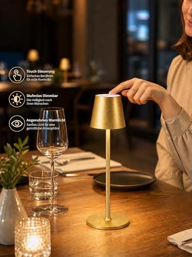 2 Stück LED Dimmbare Akku Tischlampe Kabellose, Wiederaufladbar Warme Lichtfarbe 3000K Tischleuchte Für Innen und Aussen mit USB-C, Aluminium, IP54 Wasserdichte (golden)