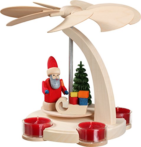 German Christmas Pyramid Santa with Sledge, 1-Tier, Height 18 cm / 7 inch, Natural, Original Erzgebirge by Seiffener Volkskunst