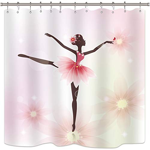 Riyidecor Girls Ballet Shower Curtain Ballerina Dancer Pink African American Floral Skirt Gymnastic Art Nursery Bathroom Decor Fabric Set Polyester Waterproof 72x72 Inch 12 Plastic Hooks