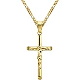 Jemant Crucifix Cross Necklace For Men Women Stainless Steel Silver 18k Gold Plated 3mm 20inch Figaro Chain Trendy Jesus Cross Pendant Necklace Baptism Christian Easter Prayer Jewelry Gift