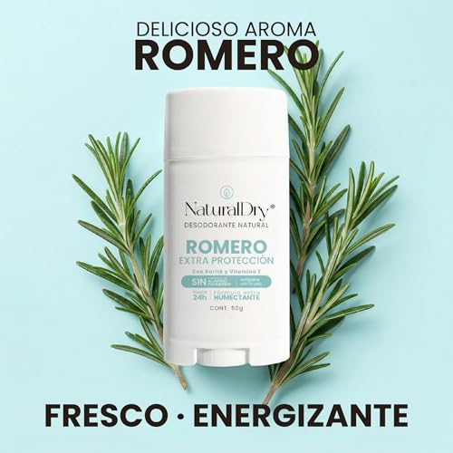 NaturalDry Desodorante Natural EXTRA PROTECCION | Delicioso aroma Romero | Sin Clorhidrato de Aluminio | Con Piedra de alumbre en polvo| No macha la ropa | NO ES ANTITRANSPIRANTE | Neutraliza el mal olor hasta 24 Horas | 50 G | (Pack de 2)