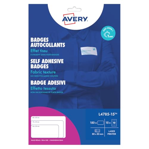 Avery Selbstklebendes Badge, Textil, 150 Stück, Seide, Acetat, Weiß, 80 x 50 mm, Laserdruck, selbstklebende Etiketten, personalisierbar, Kleidung Avery
