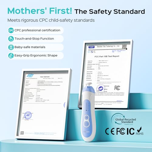 COSLUS C52 Baby Nail Trimmer Rechargeable: CPC Certified & Quiet Design - Gentle Baby Nail File for Trimming, Electric Baby Nail Kit with 5 Modes & 6 Grinding Heads for Infant toddler Kid, Baby Blue