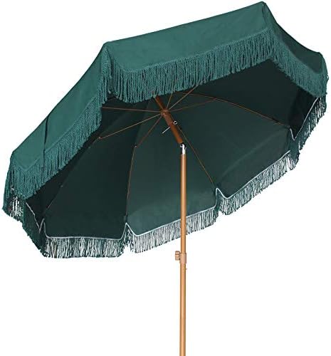 Amazon Com Ammsun 7ft Patio Umbrella With Fringe Outdoor Yard Umbrella Upf50 Wood Color Steel Pole And Steel Ribs Push Button Tilt Dark Green Clothing