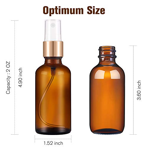 PrettyCare Glass Spray Bottles for Essential Oil 2 oz 12 Pack (Unique Amber Bottle with Golden Caps & 2 Extra Sprayer, 24 Labels and Funnels) Small Refillable Fine Mist Dispenser for Cleaning Product