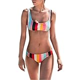 Suma-ma Rainbow Stripes Middle Waist Simple Bikini Set Tankinis, Sexy Women Summer Beach Push-Up Padded Swimsuit (Medium, Red)