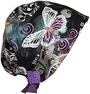 Scrub Hat Chemo Cap European Pixie Tie Back MANY Colors (lilac teal butterfly)