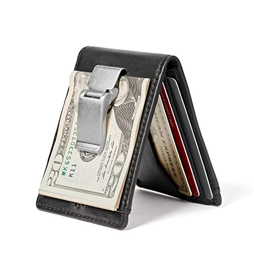 HOJ Co. DEACON ID BIFOLD Front Pocket Wallet-Full Grain Leather-Bifold Money Clip Wallet (Black Smooth)
